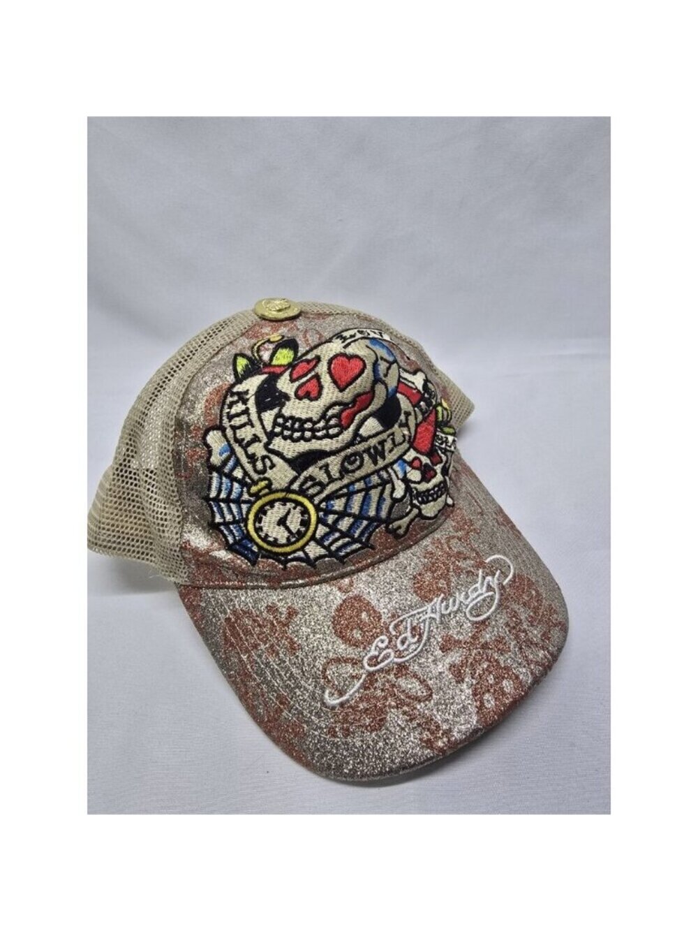 ED HARDY Snapback Trucker Hat Gold Glitter Skull Mesh Cap- Y2K STYLE- Unisex